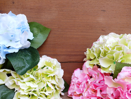 bouquet of hydrangea flowers with wooden backgroundの写真素材