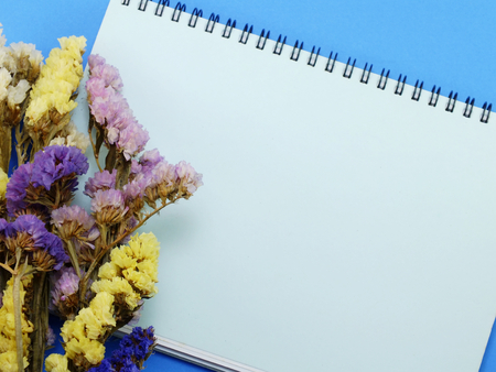 dried flowers and empty notebook pageの写真素材