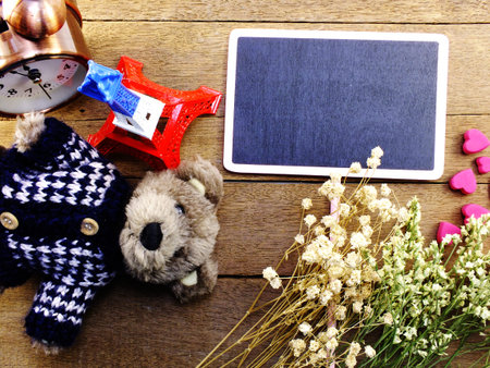 stylish branding mock up to display your artworks cute vintage filter color on wooden background flatの写真素材