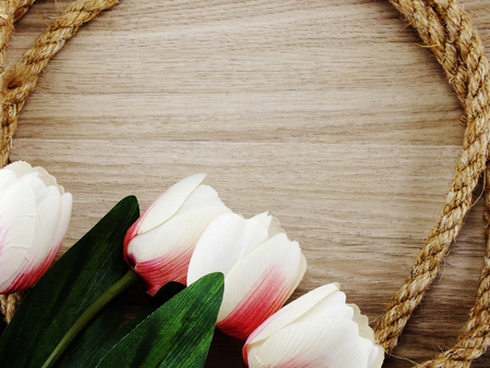 beautiful tulip bouquet on wooden background copy spaceの写真素材