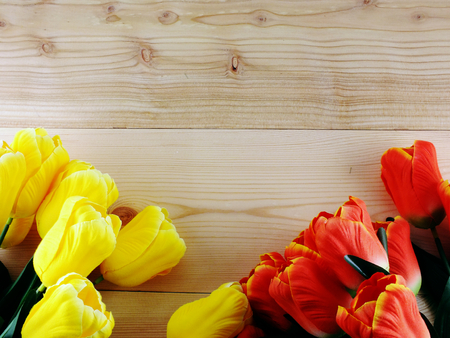 beautiful tulip bouquet on wooden background copy spaceの写真素材