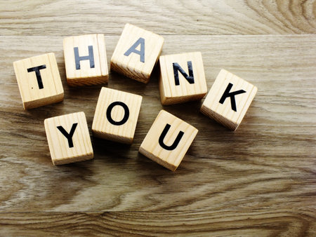 thank you exclamation isolated text in vintage letterpress wood typeの写真素材