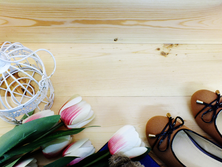 female shoes on a low heel on wooden backgroundの写真素材