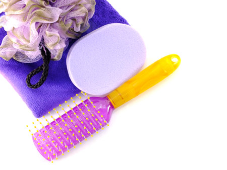 plasstic soft puff and shower gel with shower accessories on white backgroundの写真素材