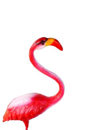 pink ceramic flamingo figures with white backgroundの写真素材