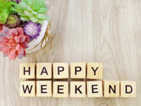 happy weekend letter wooden alphabet top viewの写真素材