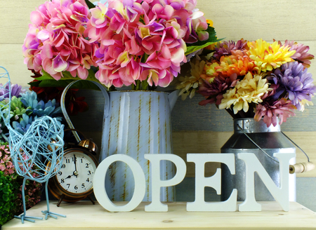 open wooden letter alphabet on wooden backgroundの写真素材