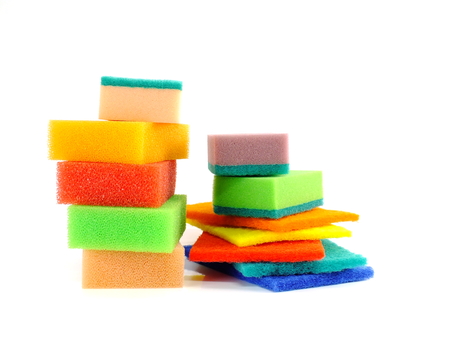 colorful of sponge dish washing accessories on white backgroundの写真素材