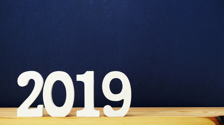 2019 happy new year letter wooden alphabet top viewの写真素材