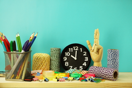 back to school concept stationary school and office isolated on blue backgroundの写真素材