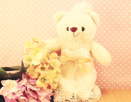 still life with romantic bear on wedding scene love conceptの写真素材