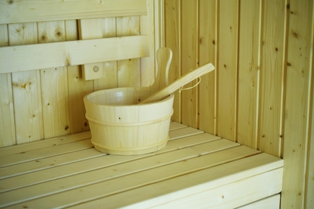 wooden sauna bucket accessories interior of sauna spaの写真素材