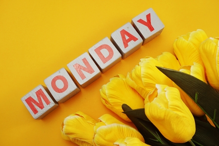 Monday wooden letter alphabet with tulip flower on yellow backgroundの写真素材