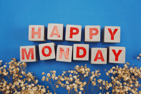 Happy Monday wooden letter alphabet with dried flower on blue backgroundの写真素材