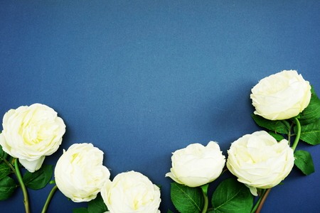 top view space copy with artificial white peony flowers bouquetの写真素材