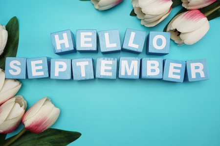 hello september alphabet letters with flower bouquet on blue backgroundの写真素材