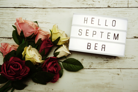 Hello September Word on Light box with roses flower bouquet on wooden backgroundの写真素材