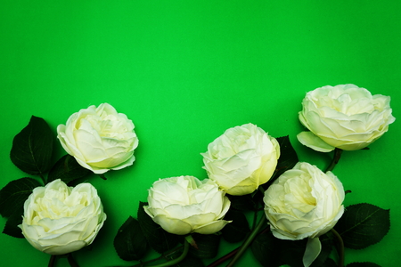 top view space copy with artificial white peony flowers bouquetの写真素材