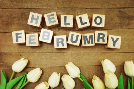 Hello February alphabet letters on wooden backgroundの写真素材