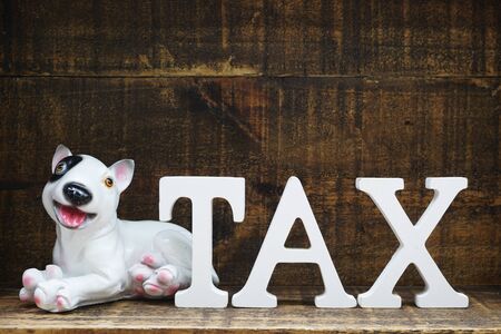 time to pay tax concept tax alphabet letters on wooden backgroundの写真素材