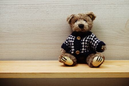 Teddy Bear with space copy on wooden shelves backgroundの写真素材