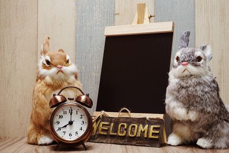 happy easter with bunny rabbit and space copy wooden easel backgroundの写真素材