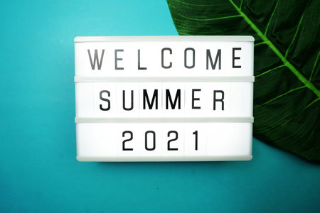 Welcome Summer 2021 word in light box with green leave on blue background