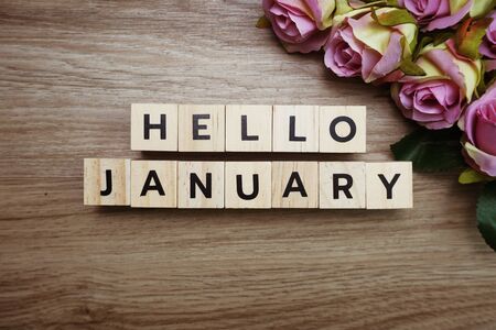 Hello January alphabet letters on wooden backgroundの写真素材