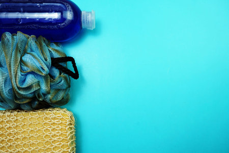 Shower accessories bath items on blue backgroundの写真素材