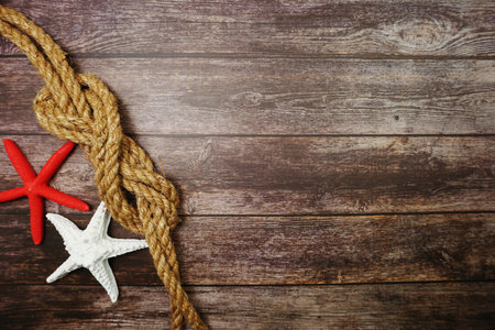 Marine Items nautical Decoration with space copy on wooden backgroundの写真素材