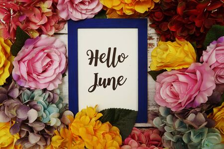 Hello June Card with colorful flowers border frame on wooden backgroundの写真素材