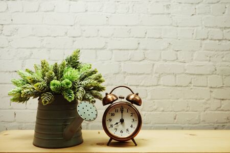 Alarm clock and artificial plant decorative on white brick wall backgroundの写真素材