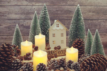 Christmas and New year decoration on wooden backgroundの写真素材