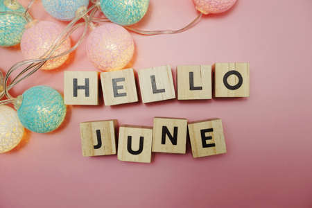 Hello June alphabet letter with space copy on pink backgroundの写真素材