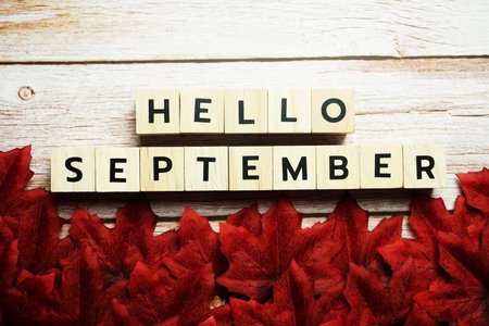 Happy September alphabet letter with red maple leaves decoration on wooden background