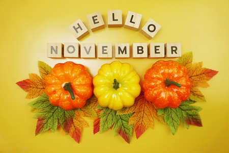 Hello November alphabet letter with pumpkin and maple leaves decoration on yellow backgroundの写真素材