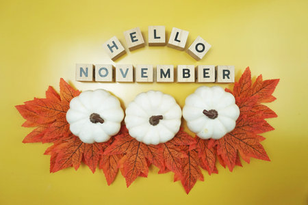 Hello November alphabet letter with pumpkin and maple leaves decoration on yellow background