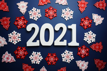 Happy New Year 2021 alphabet letter with Christmas decoration on blue backgroundの写真素材
