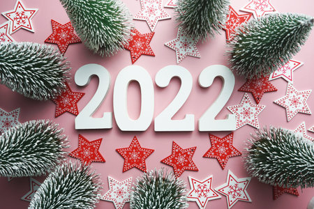 2022 Happy New Year and Christmas decoration on pink  background