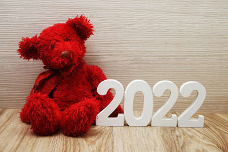 Happy New Year 2022 festive background and Teddy bear decoration on wooden backgroundの写真素材