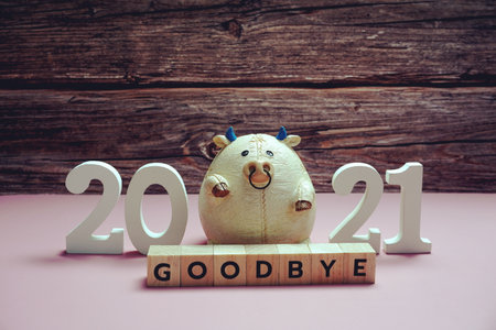 Goodbye 2021 alphabet letter on wooden and pink backgroundの写真素材
