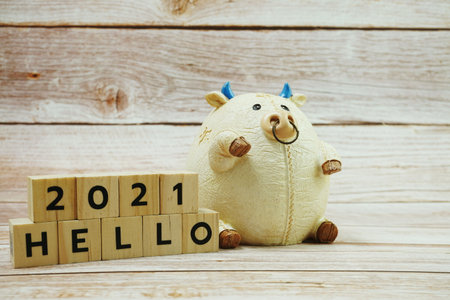 HELLO 2021 alphabet letter on wooden backgroundの写真素材