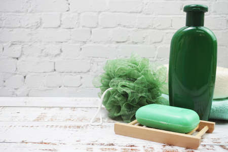 Shower Bottle and Shower Puff Fibre Scrubの写真素材