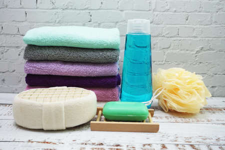 Clean Towel and Shower accessories bath itemsの写真素材