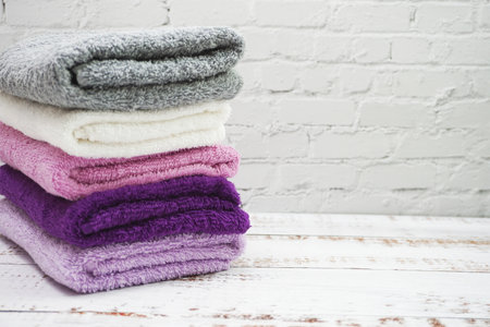 Clean Towel with space copy on wooden backgroundの写真素材