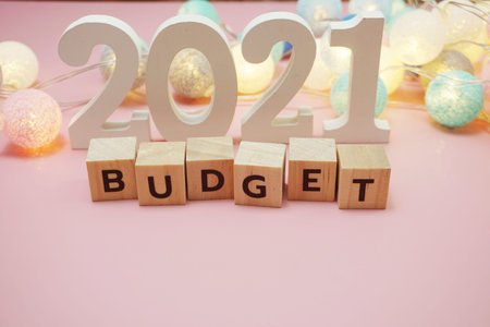 Budget 2021 word alphabet letters on pink background