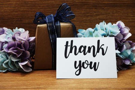 Thank You Card with gift box and flowers bouquet decorativeの写真素材