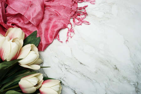Tulip Flower bouquet with space copy on marble backgroundの写真素材