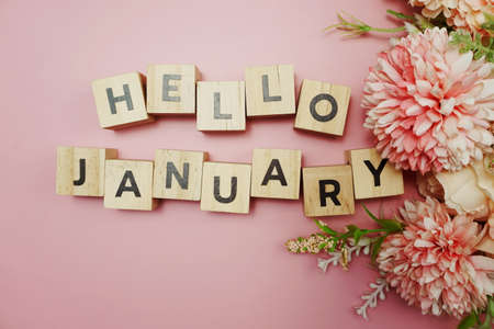 Hello January alphabet letter with space copy on pink backgroundの写真素材