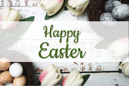 Happy Easter  with flower and easter eggs decoration on wooden background